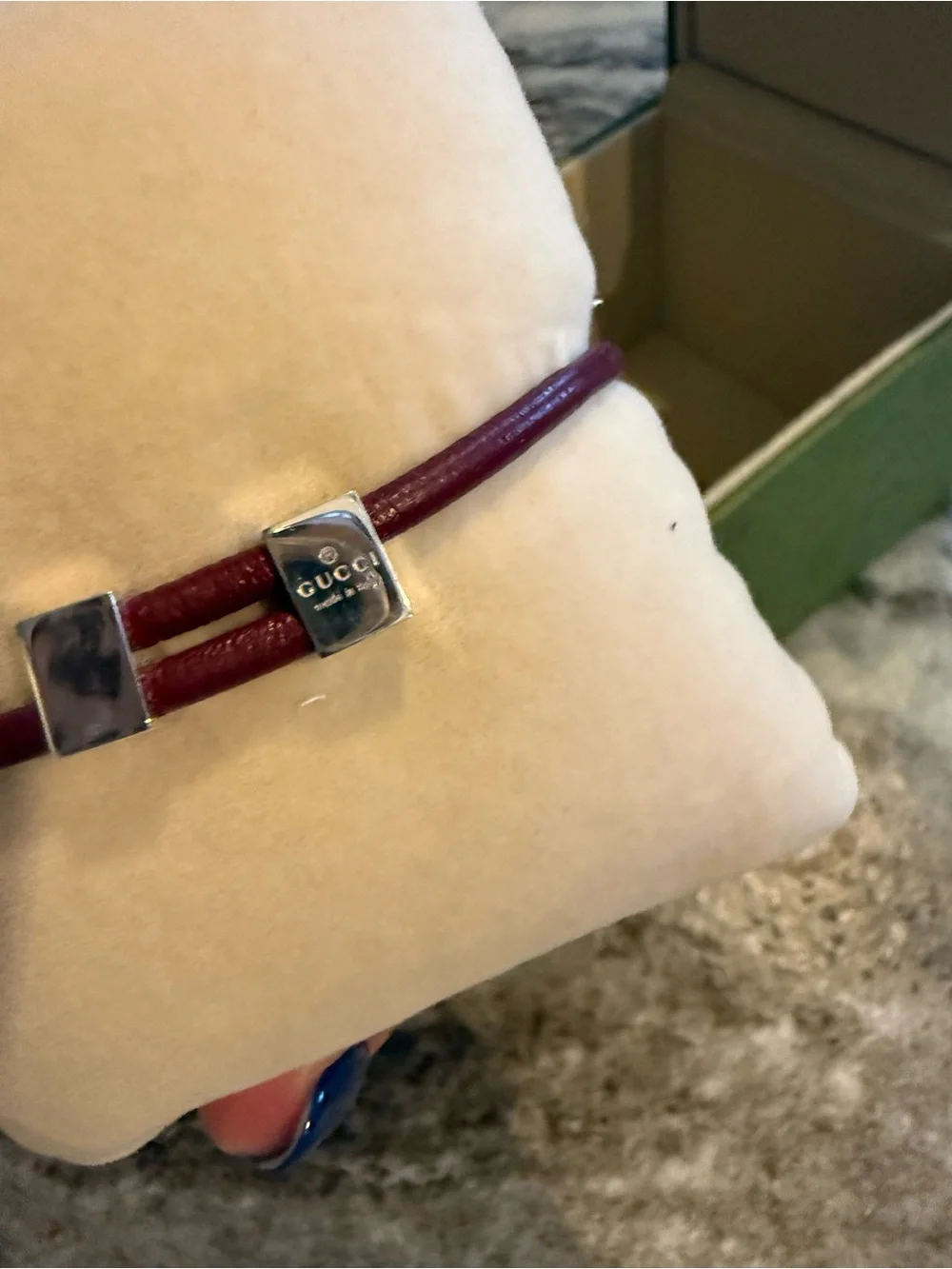 Authentic Gucci Sterling Silver GG Red Leather Bracelet 925 Made in Italy Box In